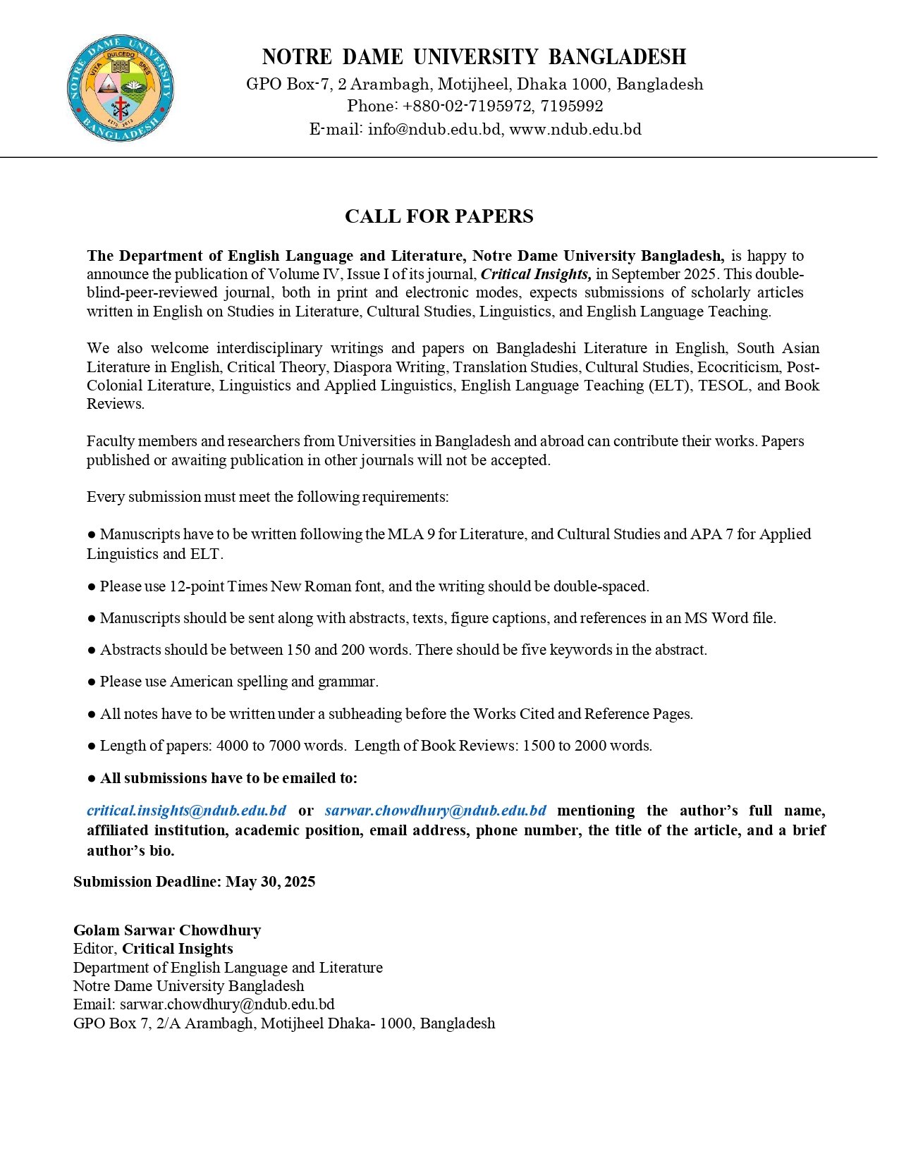 Call for Papers - Critical Insights